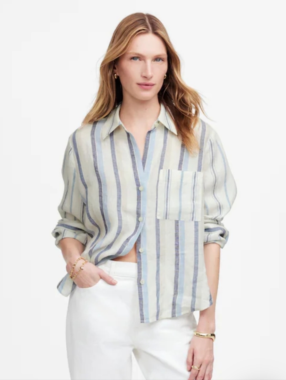 NEW! Madewell Linen Easy Y-Neck Button-Up Shirt Stripe Size Small Relaxed Fit